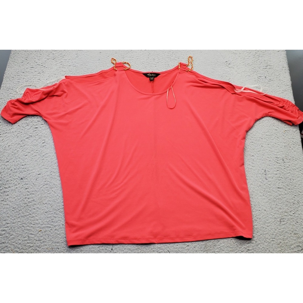 Thalia Sodi Blouse Womens XL‎ Red Cold-Shoulder Sleeve Gold Chain Strap Pullover